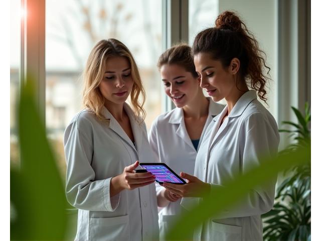 Team of wellness experts collaborating, representing Aura Bene's mission and vision, in a bright, modern office