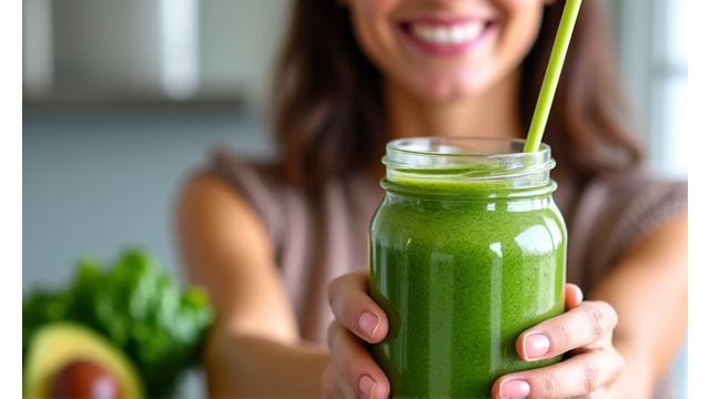 Giovane donna sorridente che prepara un frullato verde salutare
