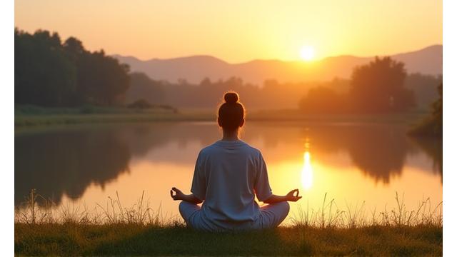 Persona serena che medita all'aperto al tramonto