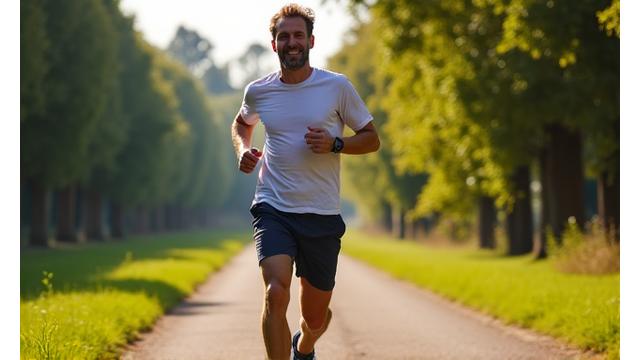 Uomo di mezza età che fa jogging in un parco verde