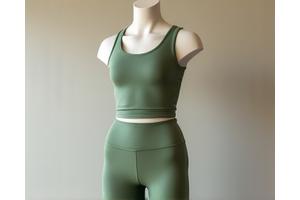 Donna che indossa leggings e top sportivo di colore verde salvia