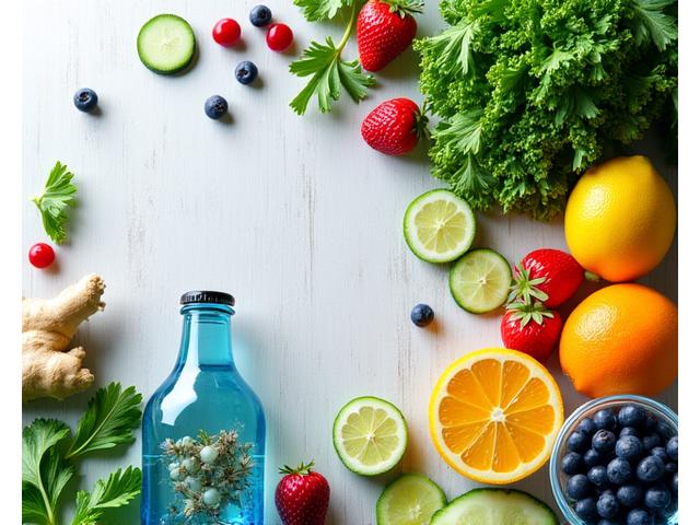 Una varietà di cibi freschi e colorati, come frutta e verdura, ingredienti per una dieta detox.