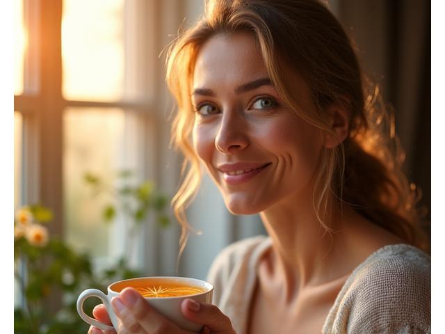 Una donna serena di 40 anni che sorride mentre beve una tisana, in un ambiente domestico accogliente e luminoso.