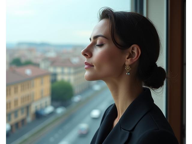 Una professionista serena che pratica mindfulness in un ufficio moderno e lussuoso, con vista su Roma.