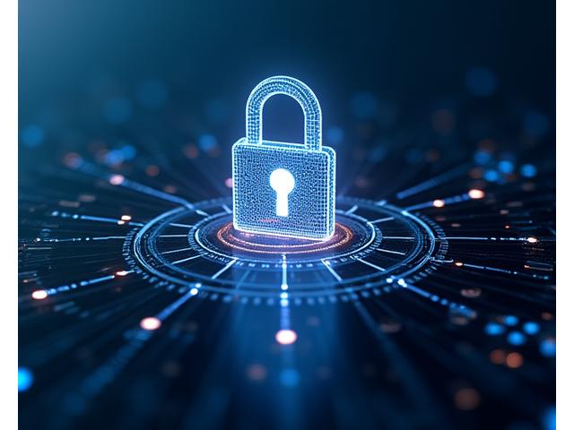 Illustrazione stilizzata di un lucchetto digitale e scudi che proteggono un flusso di dati, enfatizzando la sicurezza informatica.